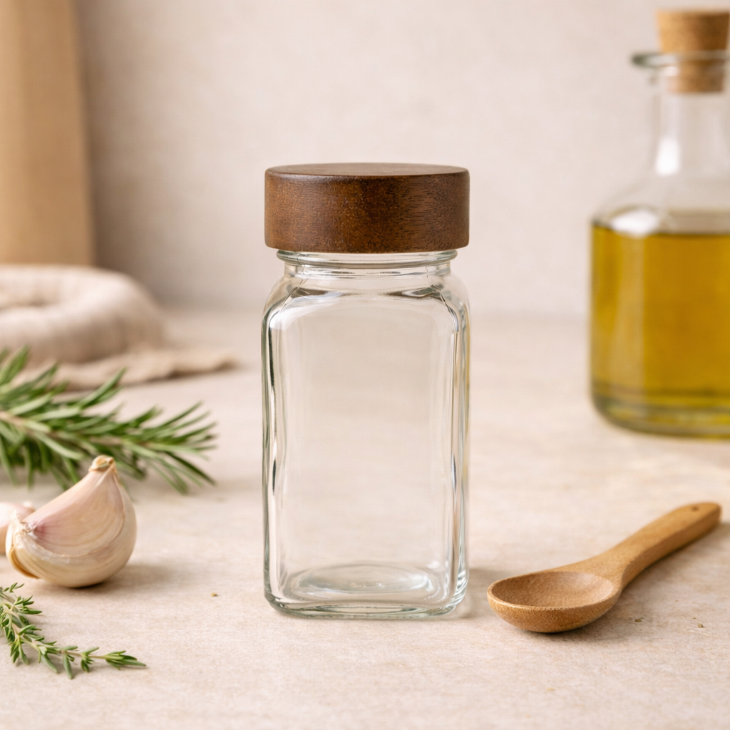 Acacia Kruidenpotjes met Bamboe Deksel – 12 Stuks | 120 ml (Incl. Kruidenrek)