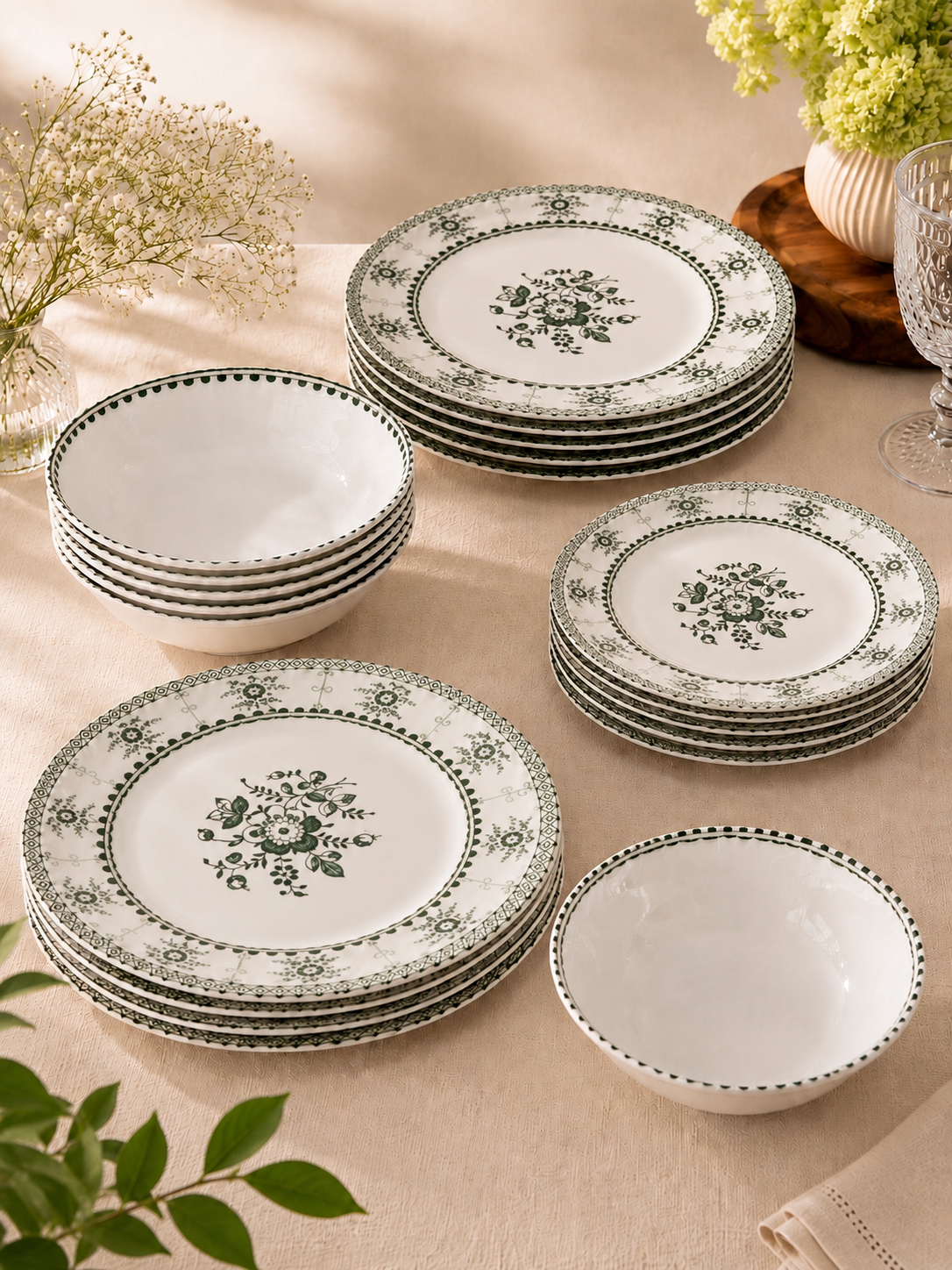 Tulp dinerset | groen wit | 6 persoons