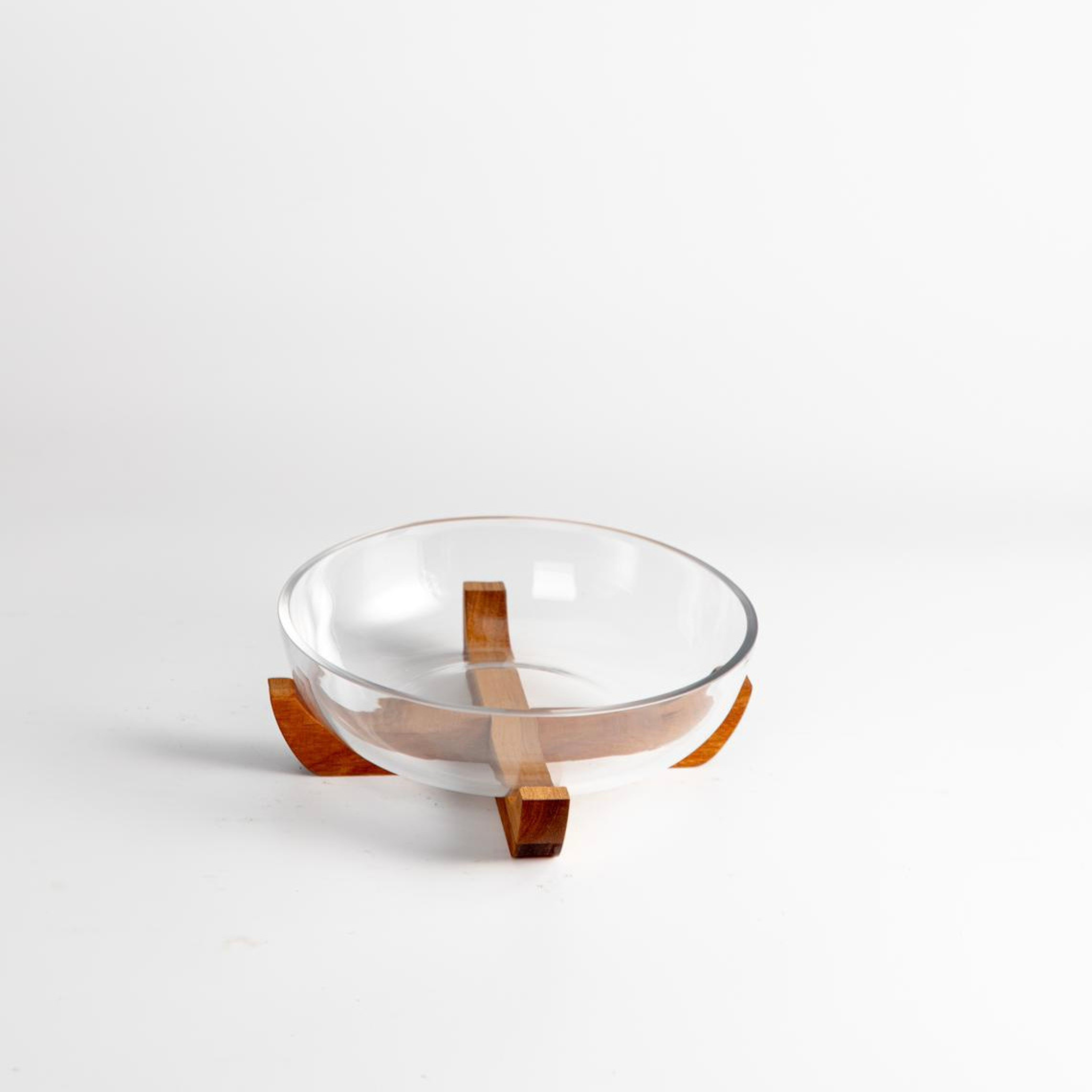 Glazen serveerschaal met acacia houder | Rond | 21 cm