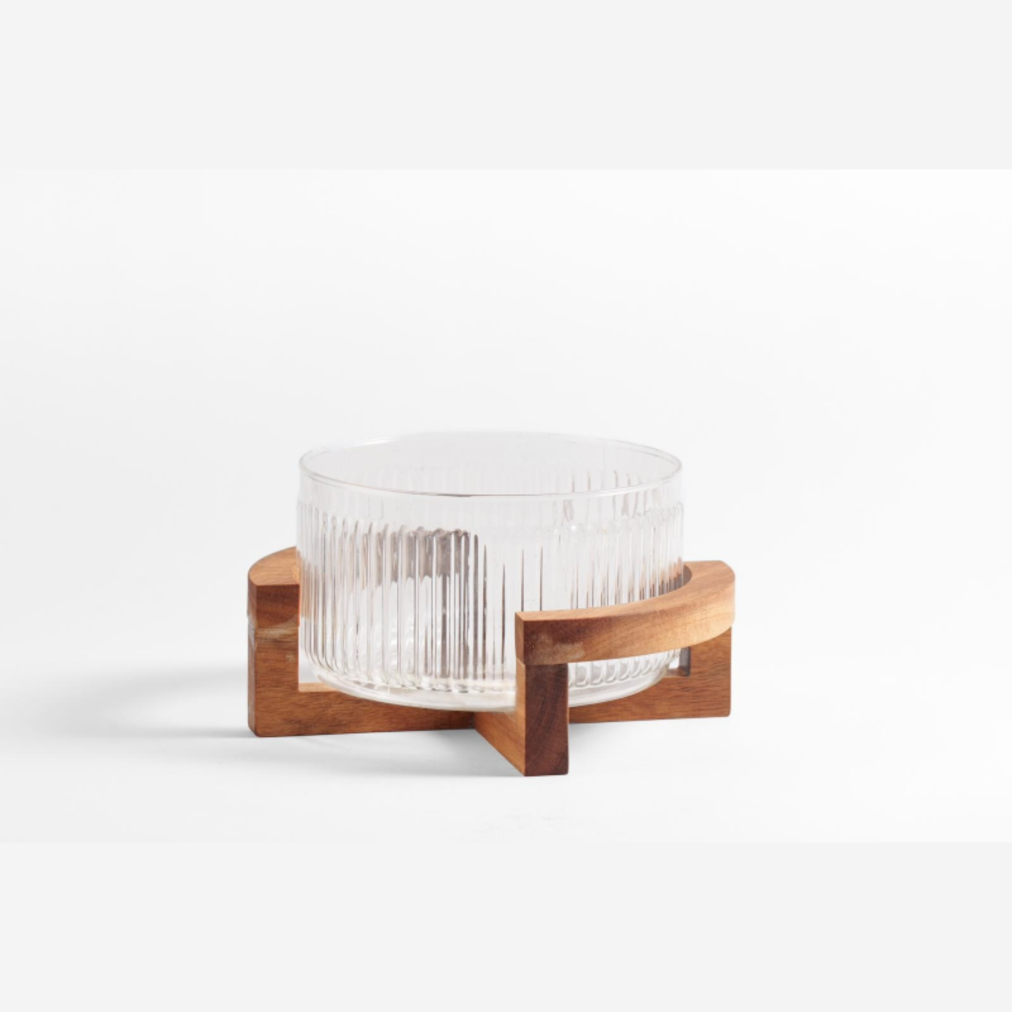 Ripple glazen saladeschaal met acacia houten houder | 28 cm