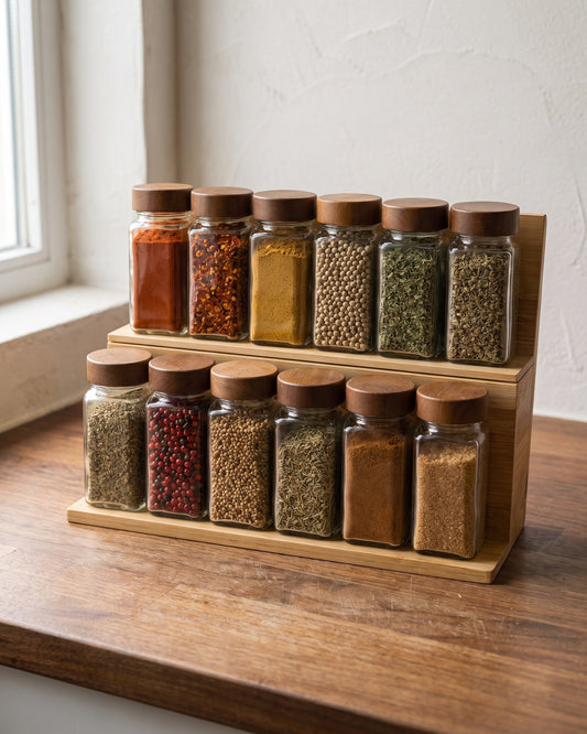 Akasya Bambu Kapaklı Baharat Kavanozları – 12 Adet | 120 ml (Baharat Rafı Dahil)