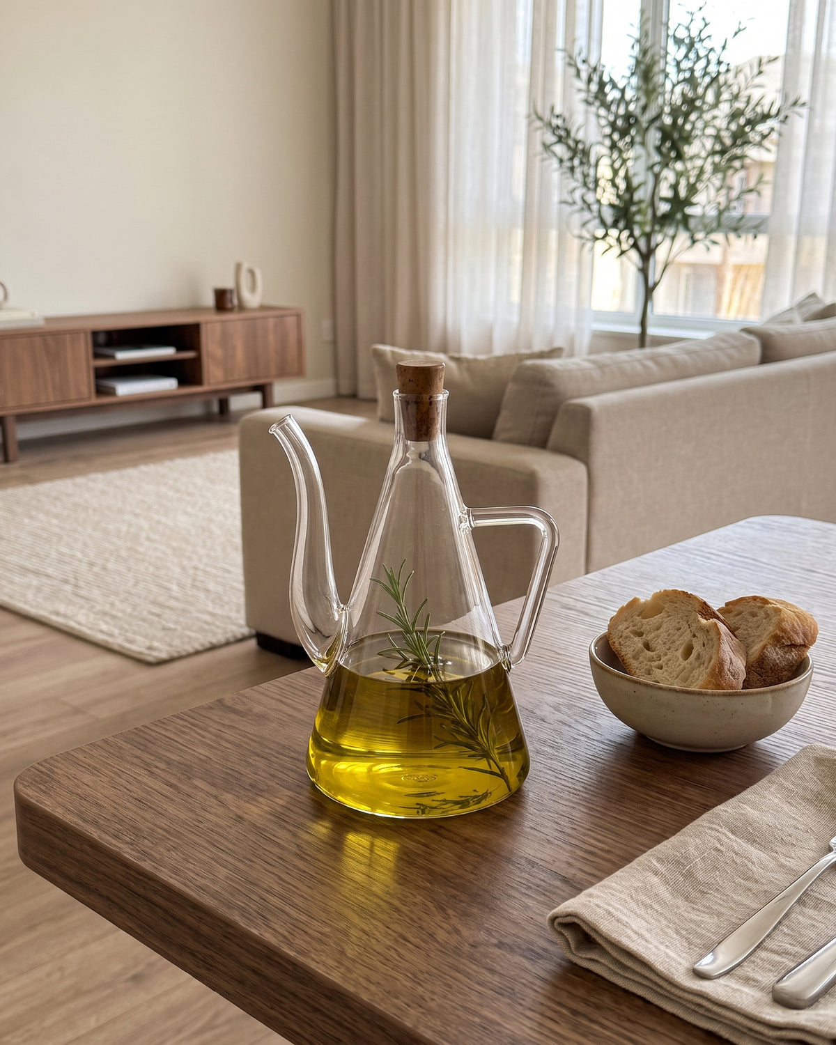 Soledo borosilicaat glazen oliefles met acacia dop | 585 ml