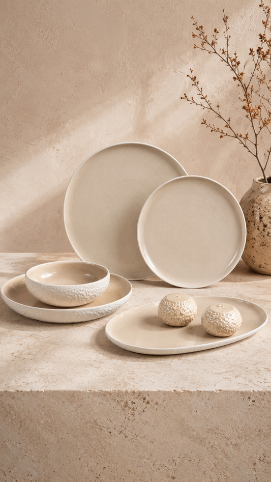 Barles Stone Essgruppe | weiß-taupe | 6 Personen
