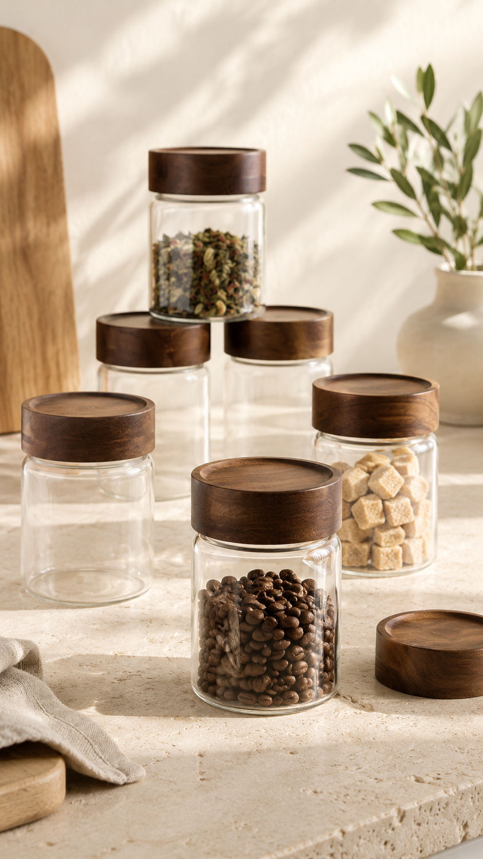 Space Gewürzdosen-Set, 6 Stück | Deckel aus Akazienholz