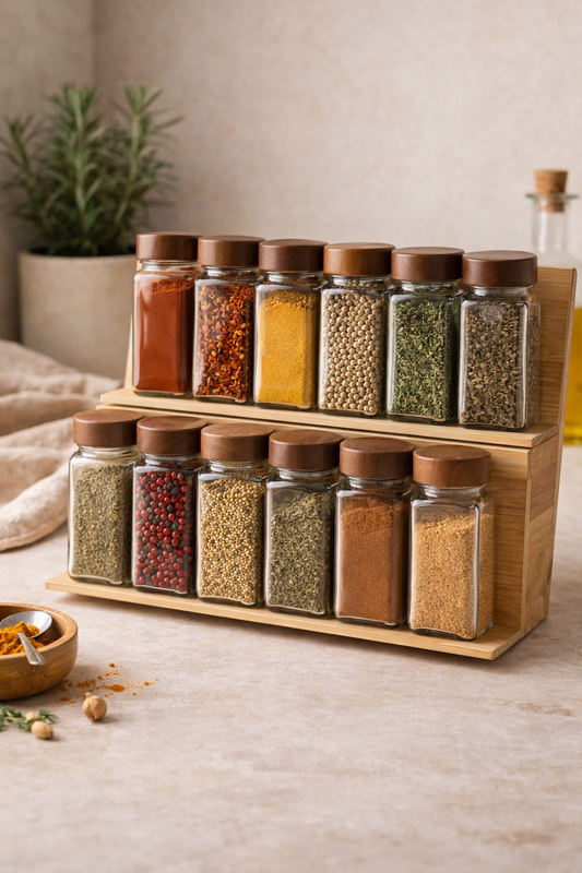 Akasya Bambu Kapaklı Baharat Kavanozları – 12 Adet | 120 ml (Baharat Rafı Dahil)