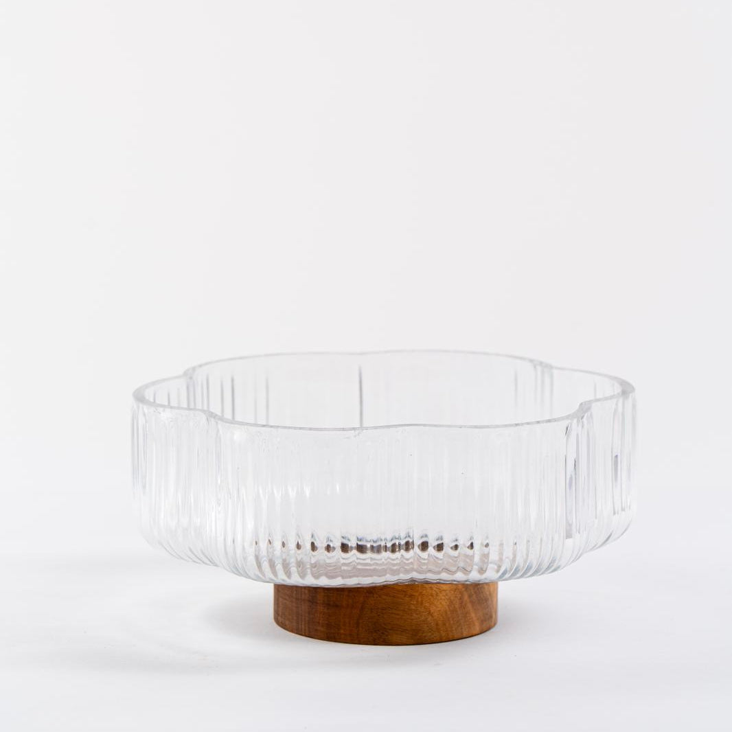 Clover glazen schaal op acacia houten voet | 20,5 cm