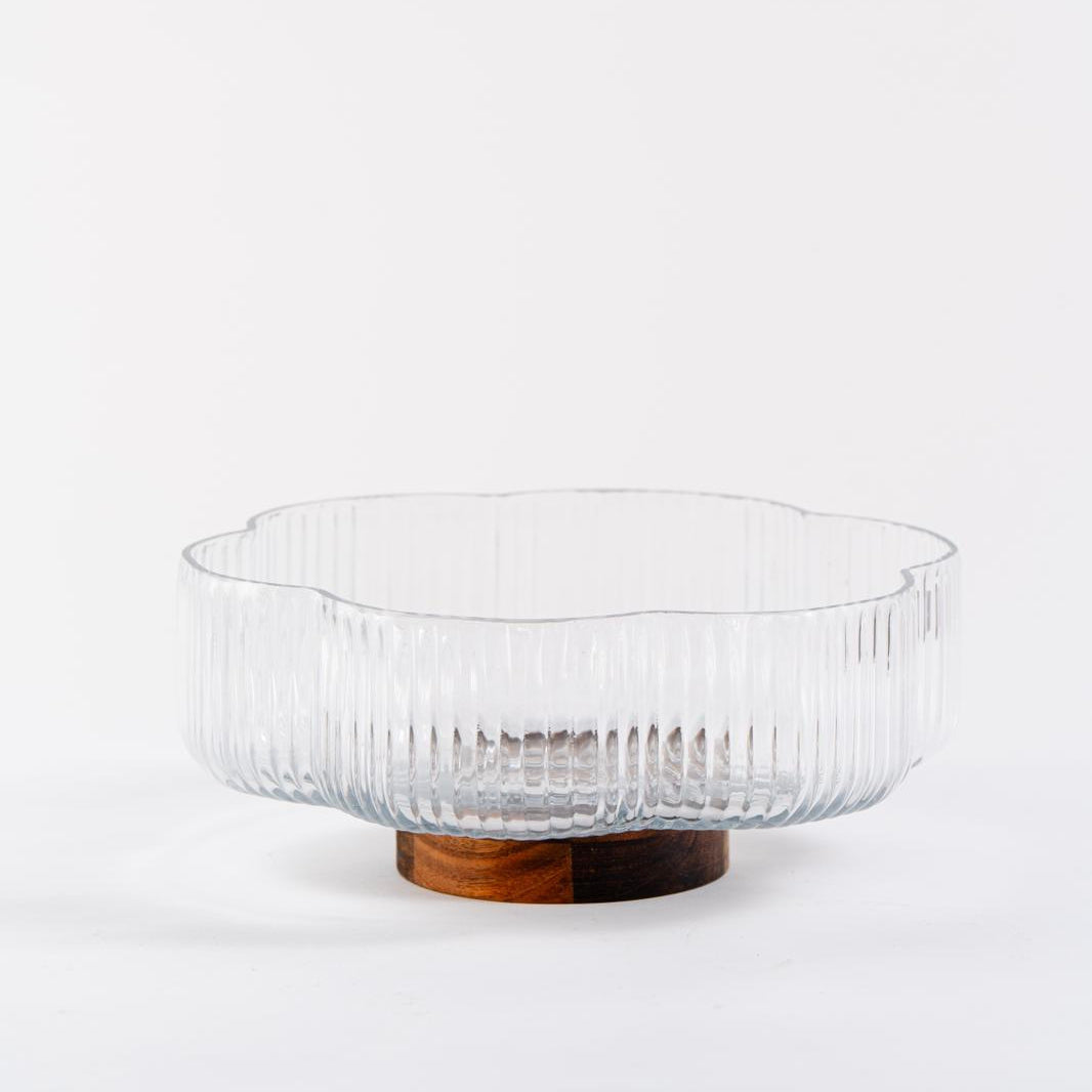 Clover glazen schaal op acacia houten voet | 26 cm