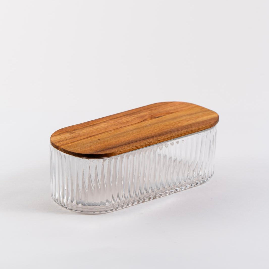 Glazen bewaardoos met acaciahouten deksel | 21,5 cm