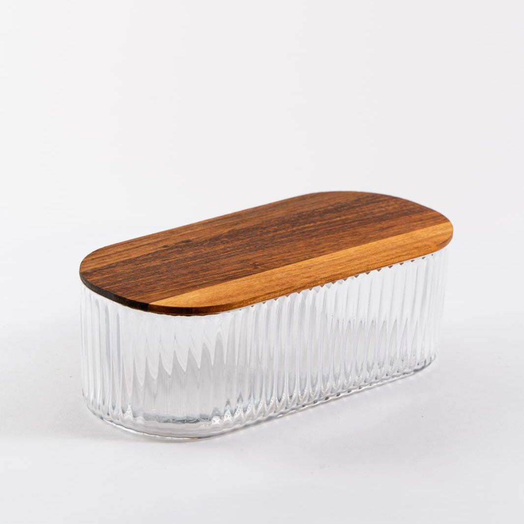 Glazen bewaardoos met acaciahouten deksel | 26 cm