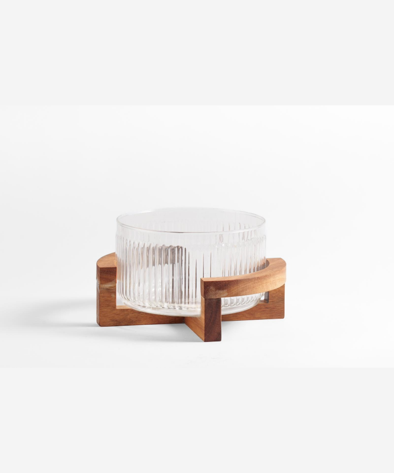 Ripple glazen saladeschaal met acacia houten houder | 22,2 cm