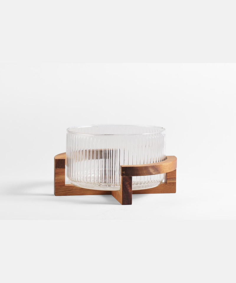 Ripple glazen saladeschaal met acacia houten houder | 24,5 cm