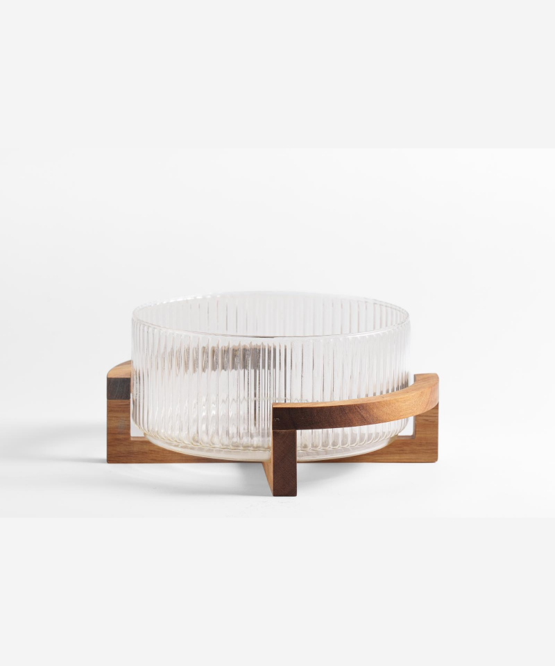 Ripple glazen saladeschaal met acacia houten houder | 28 cm