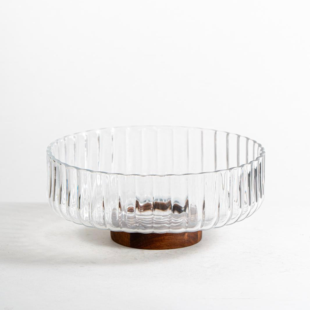 Wave glazen schaal op acacia houten voet | 26 cm