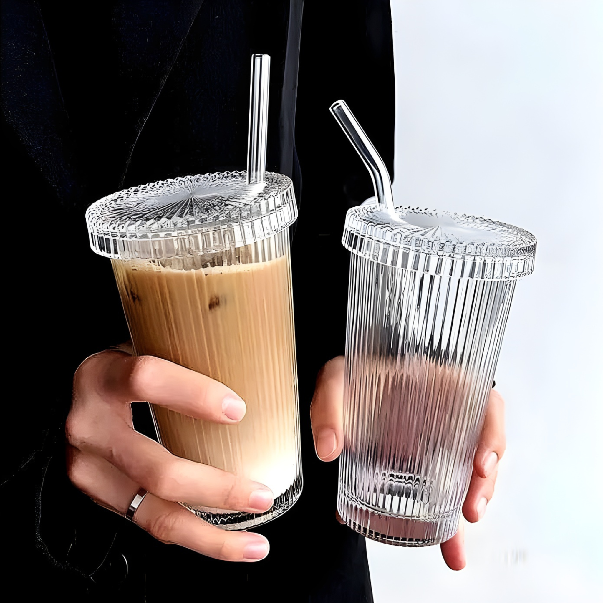 Ripple glazen beker met deksel + rietje