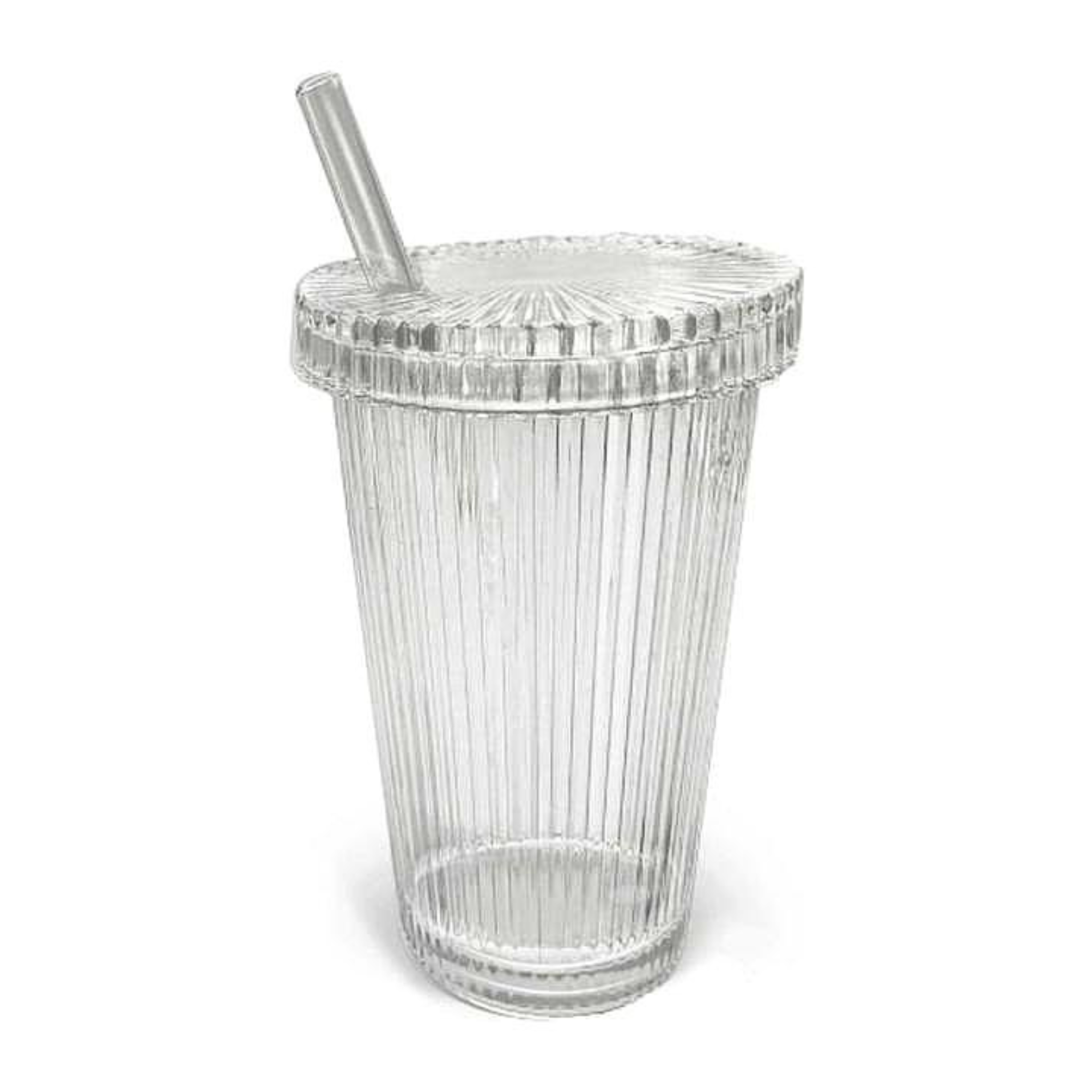 Ripple glazen beker met deksel + rietje