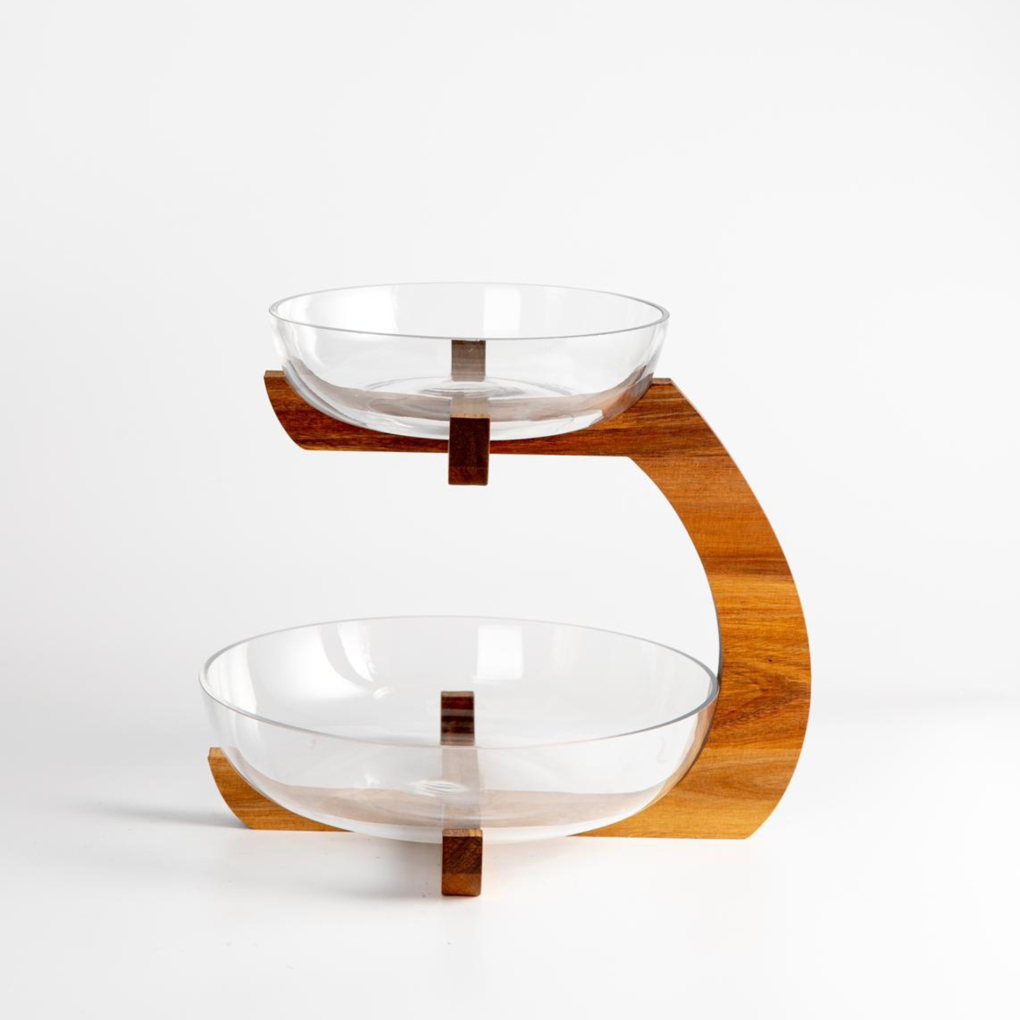 Glazen serveerschaal 2-laags met acacia houder | 33 cm
