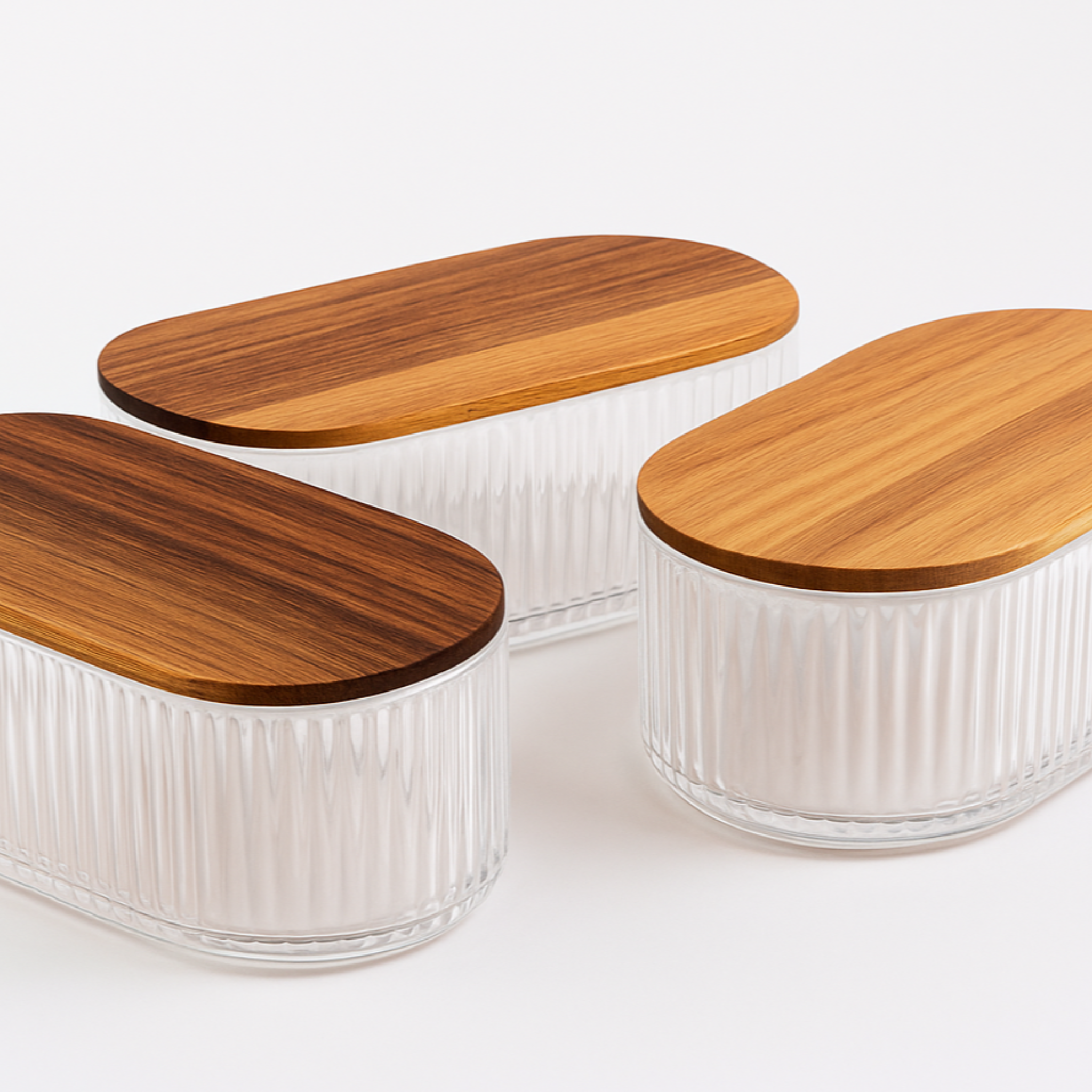 Glazen bewaardoos met acaciahouten deksel 3 delig