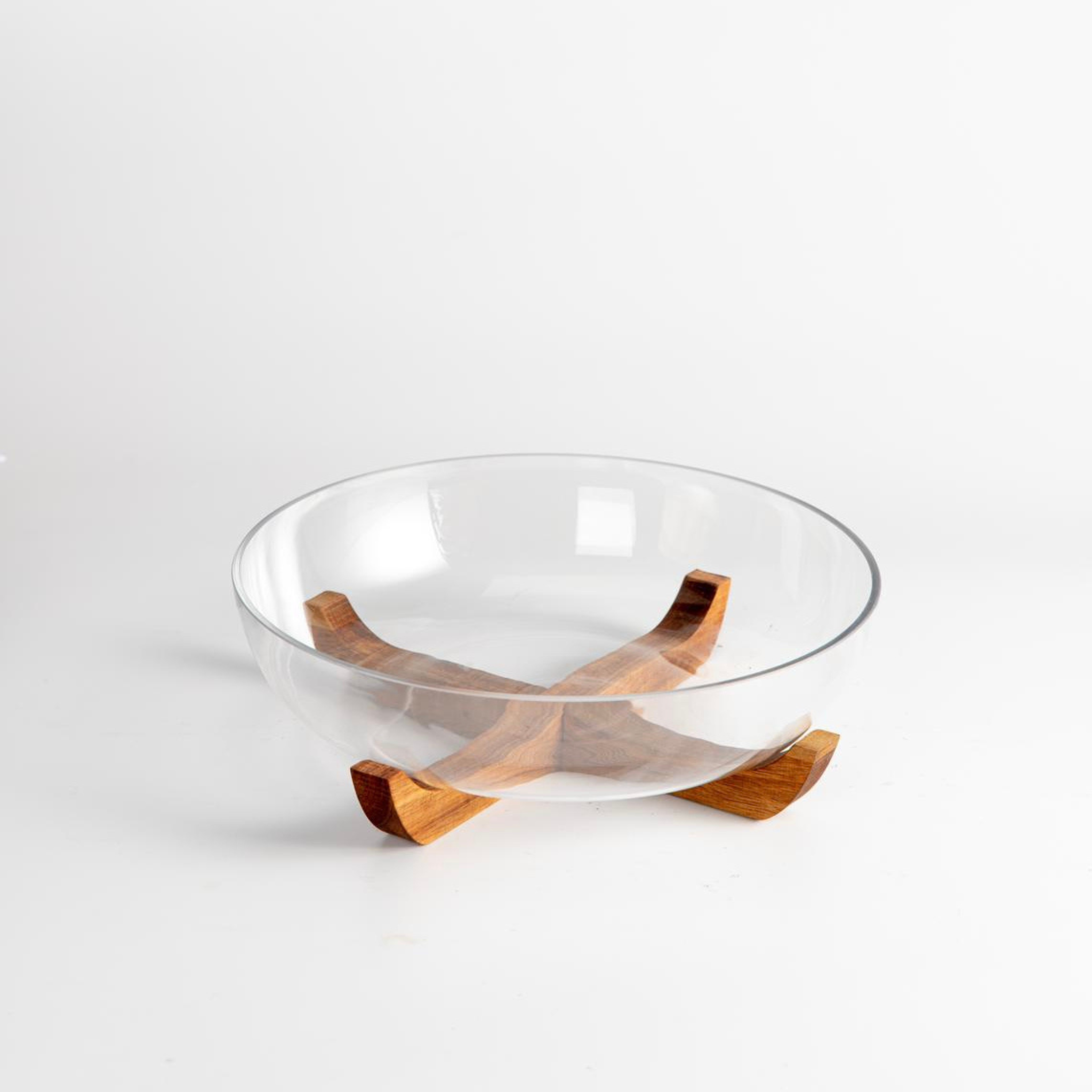 Glazen serveerschaal met acacia houder | Rond | 28 cm